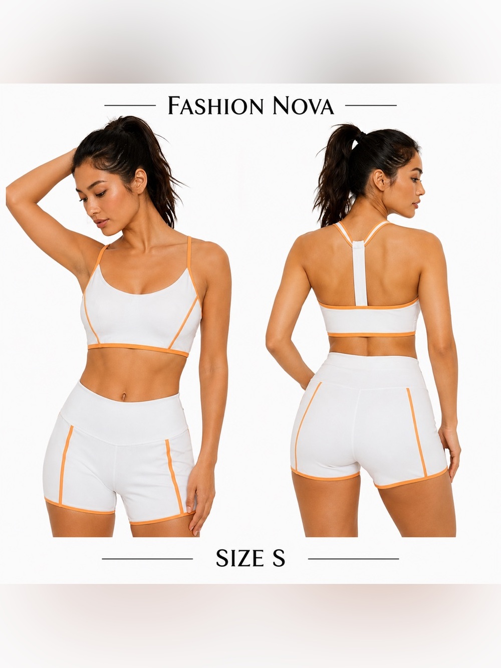 Fashion Nova White & Orange Contrast Sports Bra and Shorts Set Size S